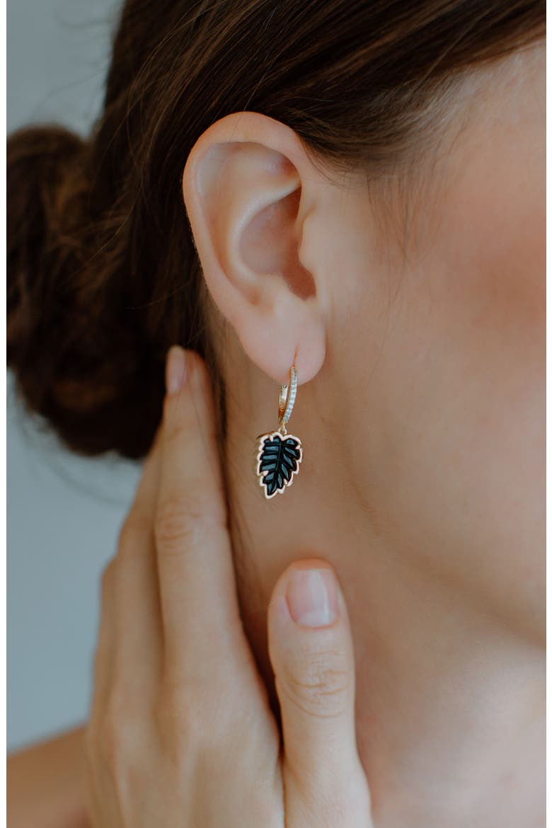 Leaf Drop Huggie Hoop Earrings, Alternate, color, BLACK ONYX/ GOLD