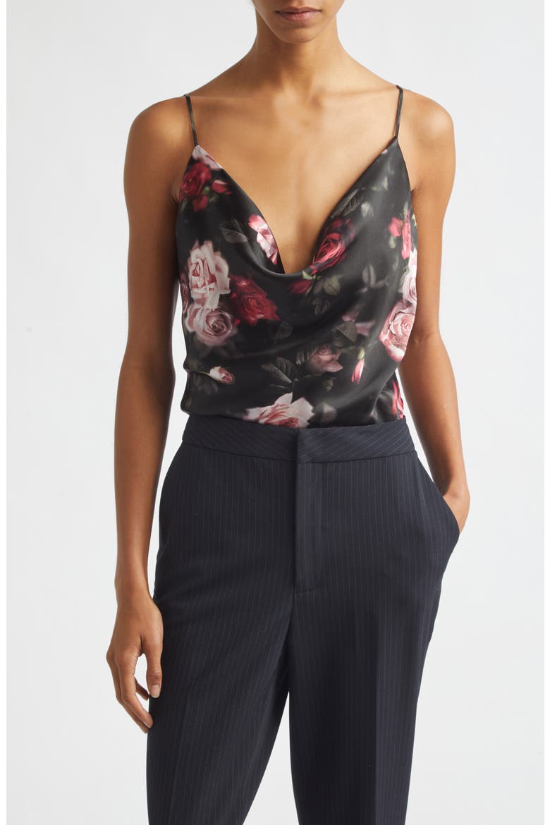Calista Cowl Neck Silk Camisole, Main, color, BLACK/RHODODENDRON BLURREDROSE