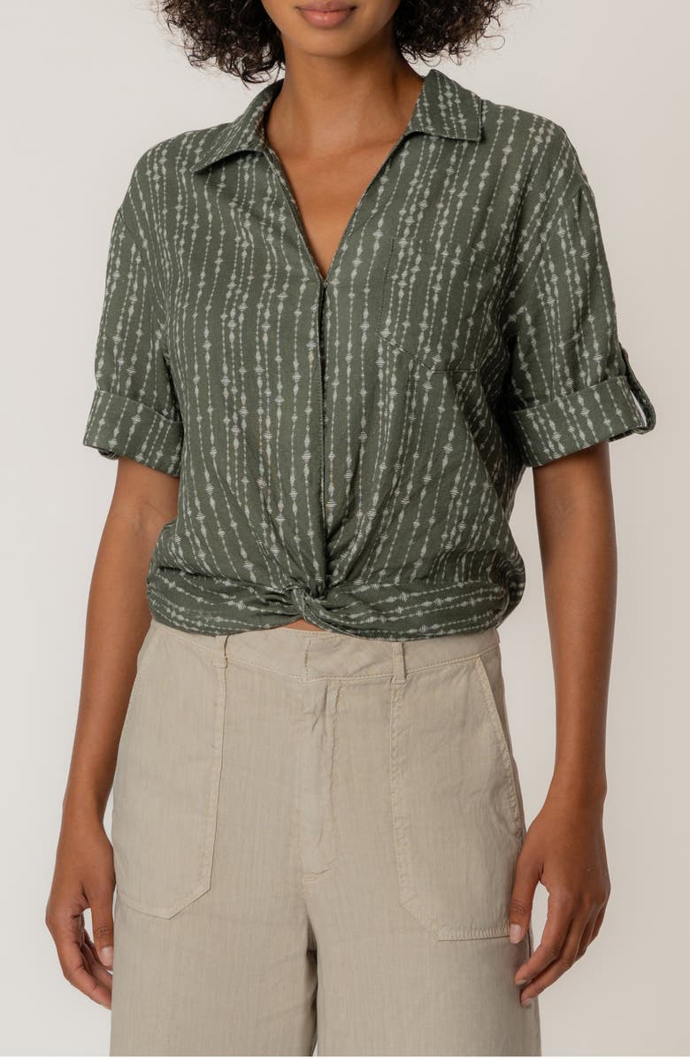 KUT from the Kloth Rebel Printed Knot Front Linen Blend Top, Main, color, Inca Seaweed