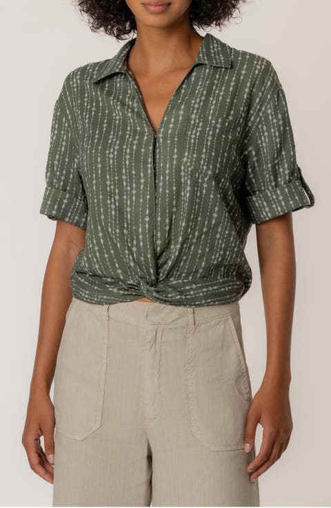 Rebel Printed Knot Front Linen Blend Top