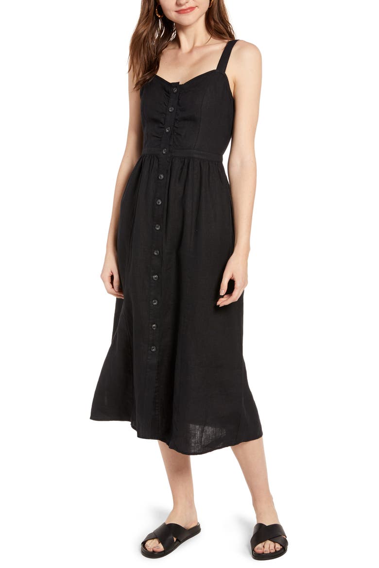 Linen Midi Dress, Main, color, BLACK