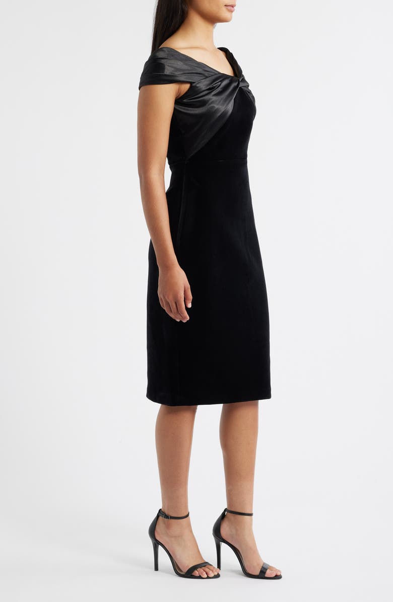 Eliza J Satin Wrap Detail Velvet Sheath Dress, Alternate, color, Black