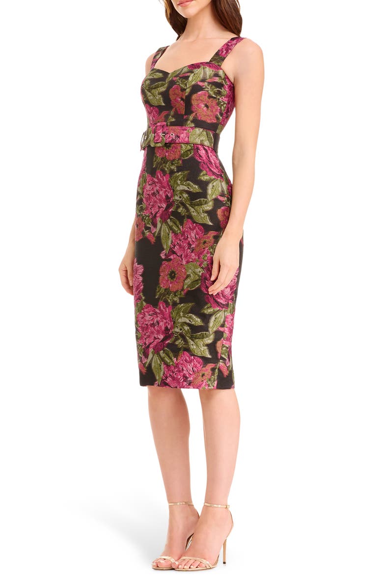 Dress the Population Nicole Floral Jacquard Cocktail Midi Dress, Alternate, color, Pink Rose Multi