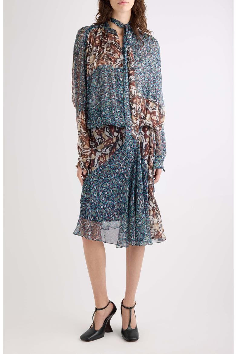 Cenvy Mini Marbled Print Silk Mousseline Button-Up Shirt, Alternate, color, PETROL