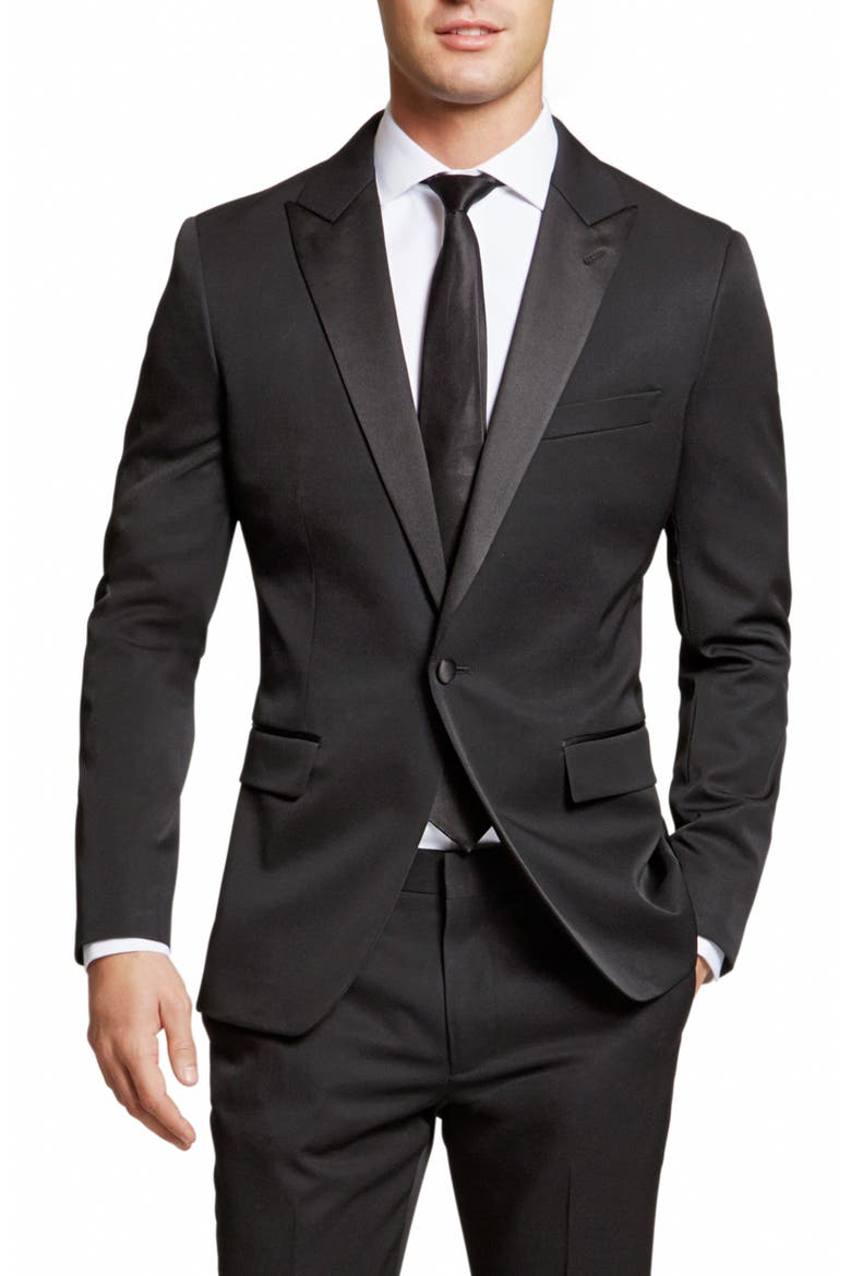 Slim Fit Flat Front Wool Tuxedo Trousers, Alternate, color, BLACK