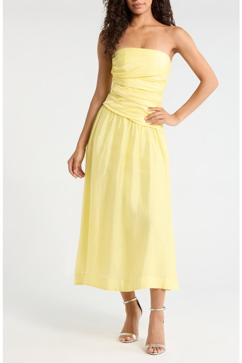 Rumi Ruched Strapless Midi Dress, Main, color, YELLOW