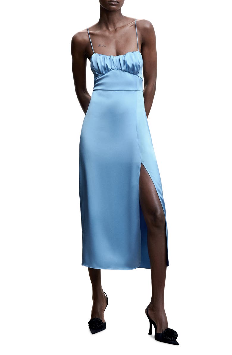 MANGO Ruched Satin Slipdress, Main, color, Medium Blue