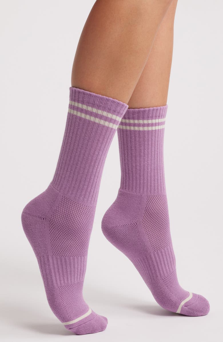 Le Bon Shoppe Boyfriend Stripe Cotton Blend Rib Crew Socks, Main, color, Grape