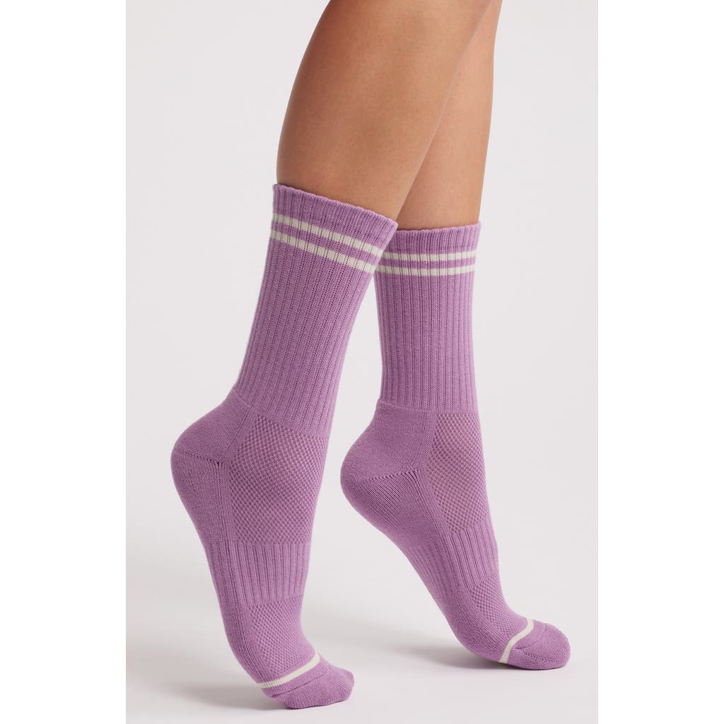 Le Bon Shoppe Boyfriend Stripe Cotton Blend Rib Crew Socks In Grape