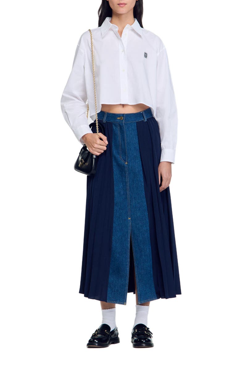 SANDRO Dual-material denim pleated skirt, Alternate, color,