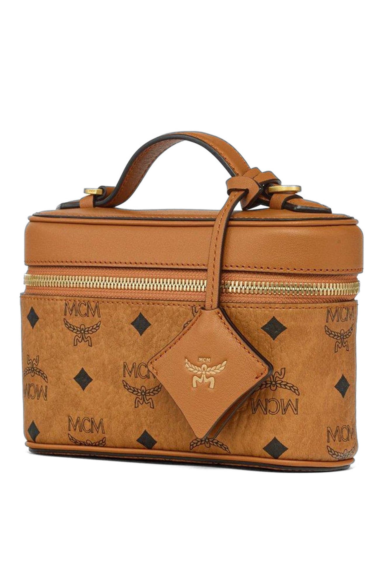 MCM Aren Vanity Case in Visetos Leather Mix, Alternate, color, Cognac