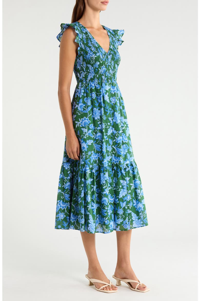Floral Flutter Sleeve Cotton Dress, Alternate, color, GREEN BLUE MULTI
