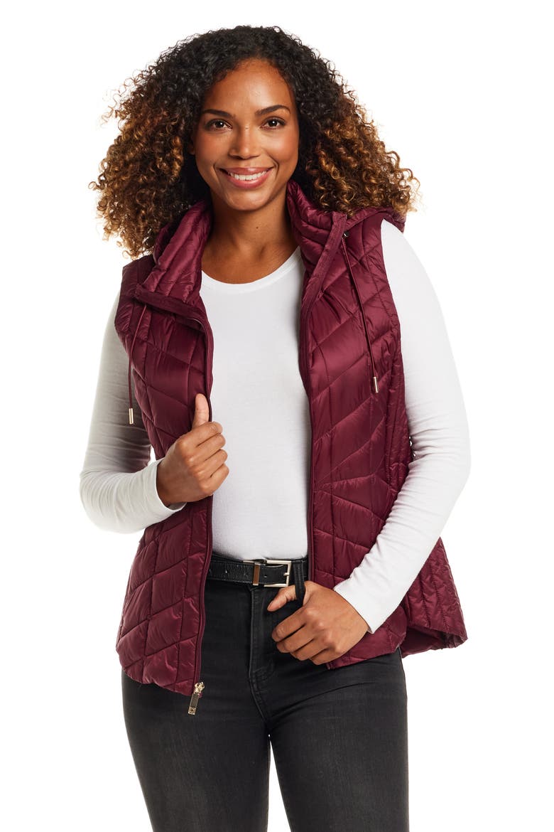 Quilted Water Resistant Vest with Removable Hood, Alternate, color, BURGUNDY