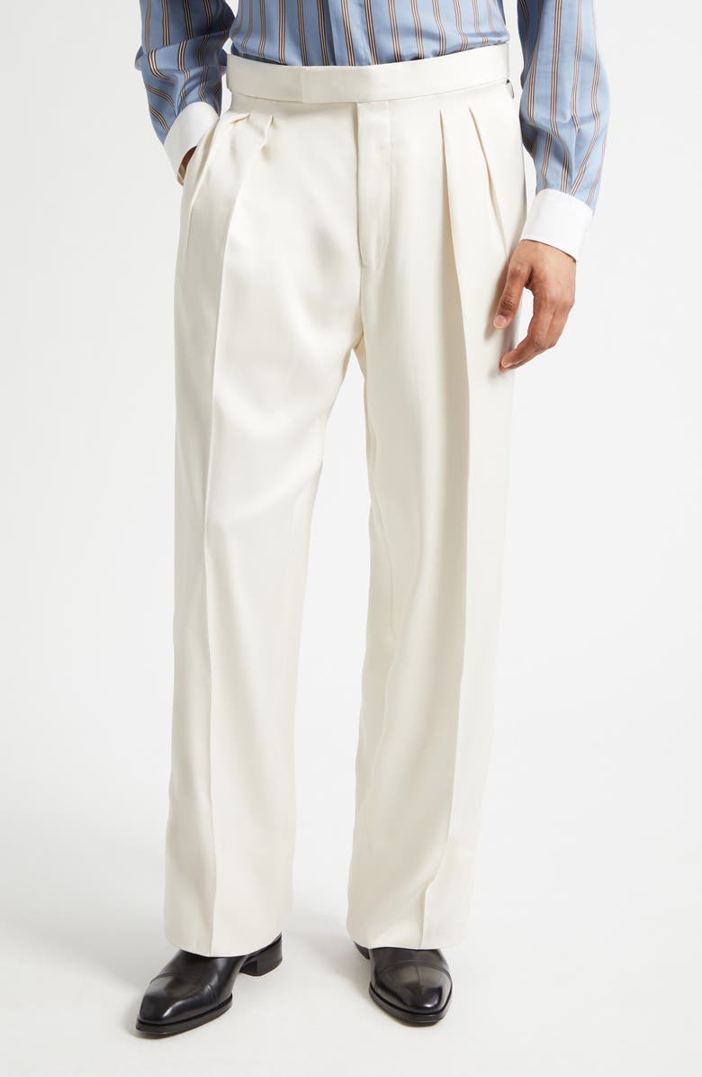 TOM FORD Pleated Silk Gabardine Wide Leg Pants, Main, color, Ivory