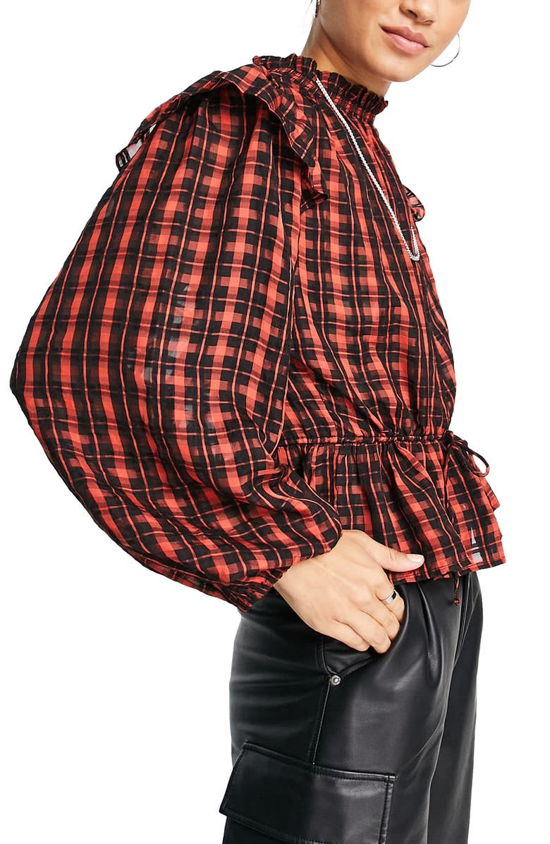 Topshop Check Frill Blouse, Alternate, color, 
