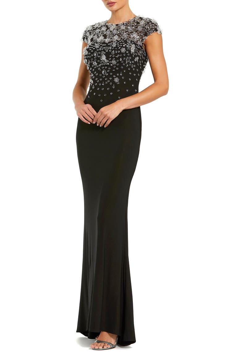 Crystal Embellished Jersey Fitted Cap Sleeve Gown, Main, color, Black