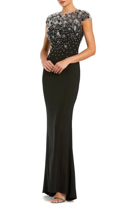 Crystal Embellished Jersey Fitted Cap Sleeve Gown