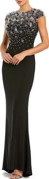 Mac Duggal Crystal Embellished Jersey Fitted Cap Sleeve Gown