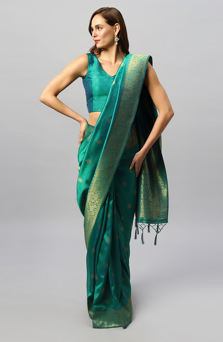 One Minute Saree<sup>®</sup> Yara Green Moss Weave Art Silk Pre-Draped Ready to Wear Sari, Main, color, 