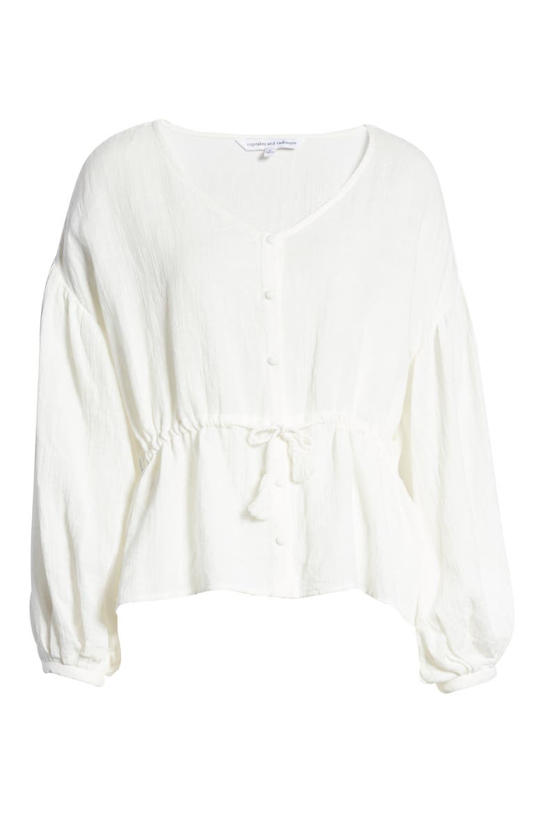 Tie Waist Cotton & Linen Top, Alternate, color, IVORY