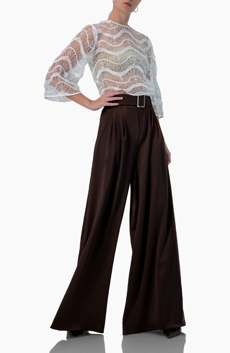 IVONNE Wide-Leg Satin Trousers, Alternate, color, Brown