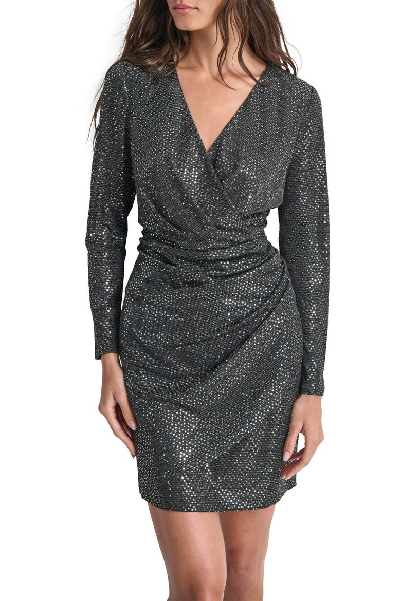 Metallic Long Sleeve Surplice Minidress, Alternate, color, BLACK/ SILV