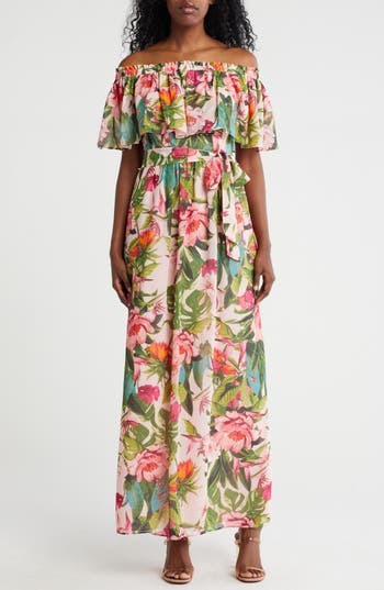 ELIZA J ELIZA J TIE WAIST OFF THE SHOULDER MAXI DRESS
