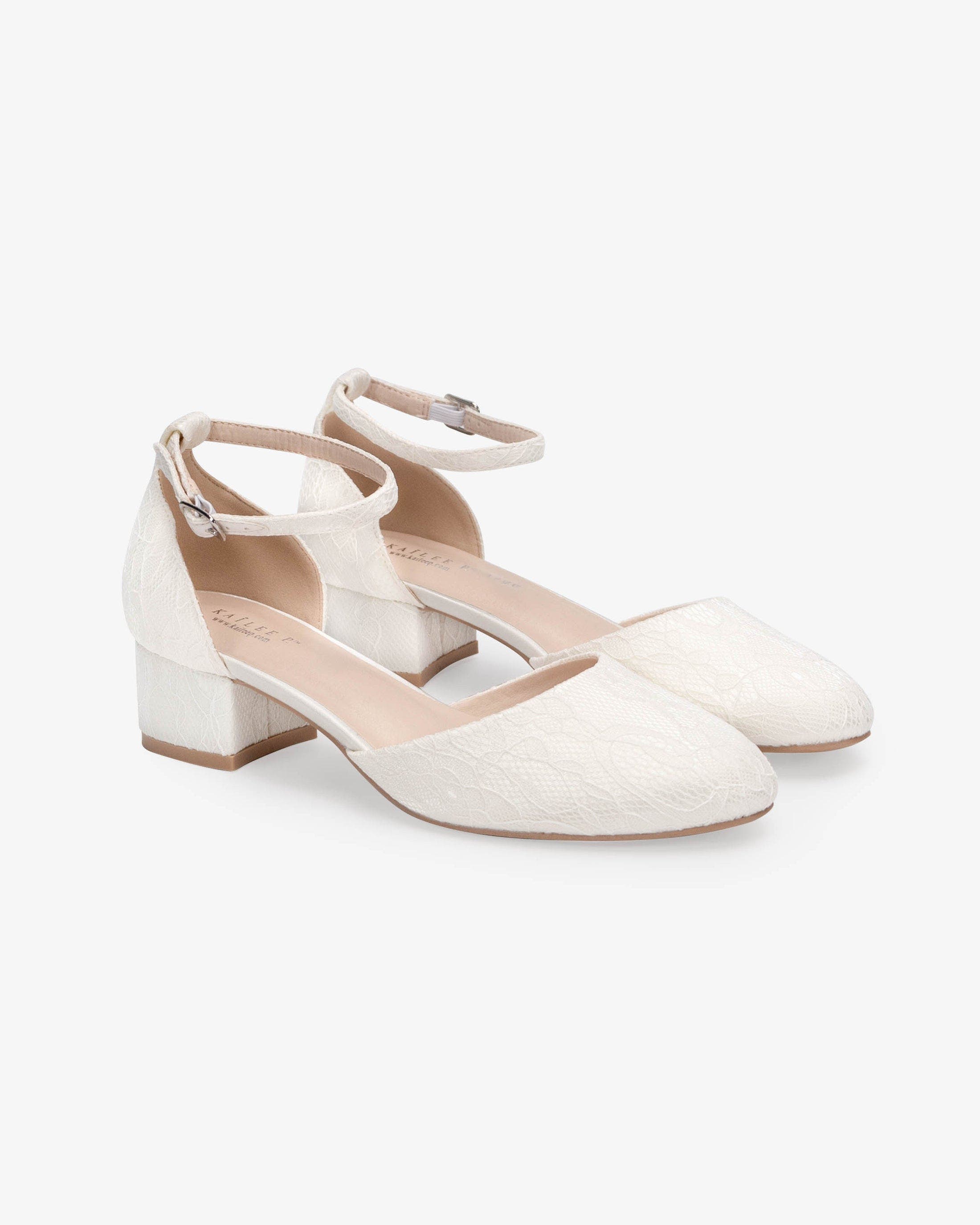 Kailee P Yvonne Lace Round Toe Low Block Heel Wedding Shoes with Ankle Strap, Main, color, White