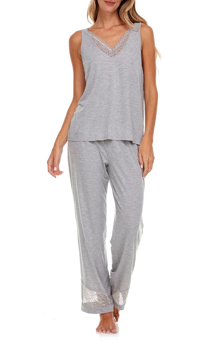 Flora By Flora Nikrooz Franny Lace Trim Tank & Pants Pajamas, Alternate, color, Heather Gray