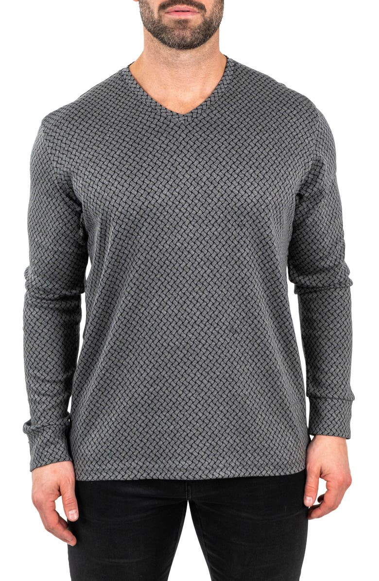 Maceoo Edisonwaves Grey Long Sleeve Cotton V-Neck T-Shirt, Main, color, 