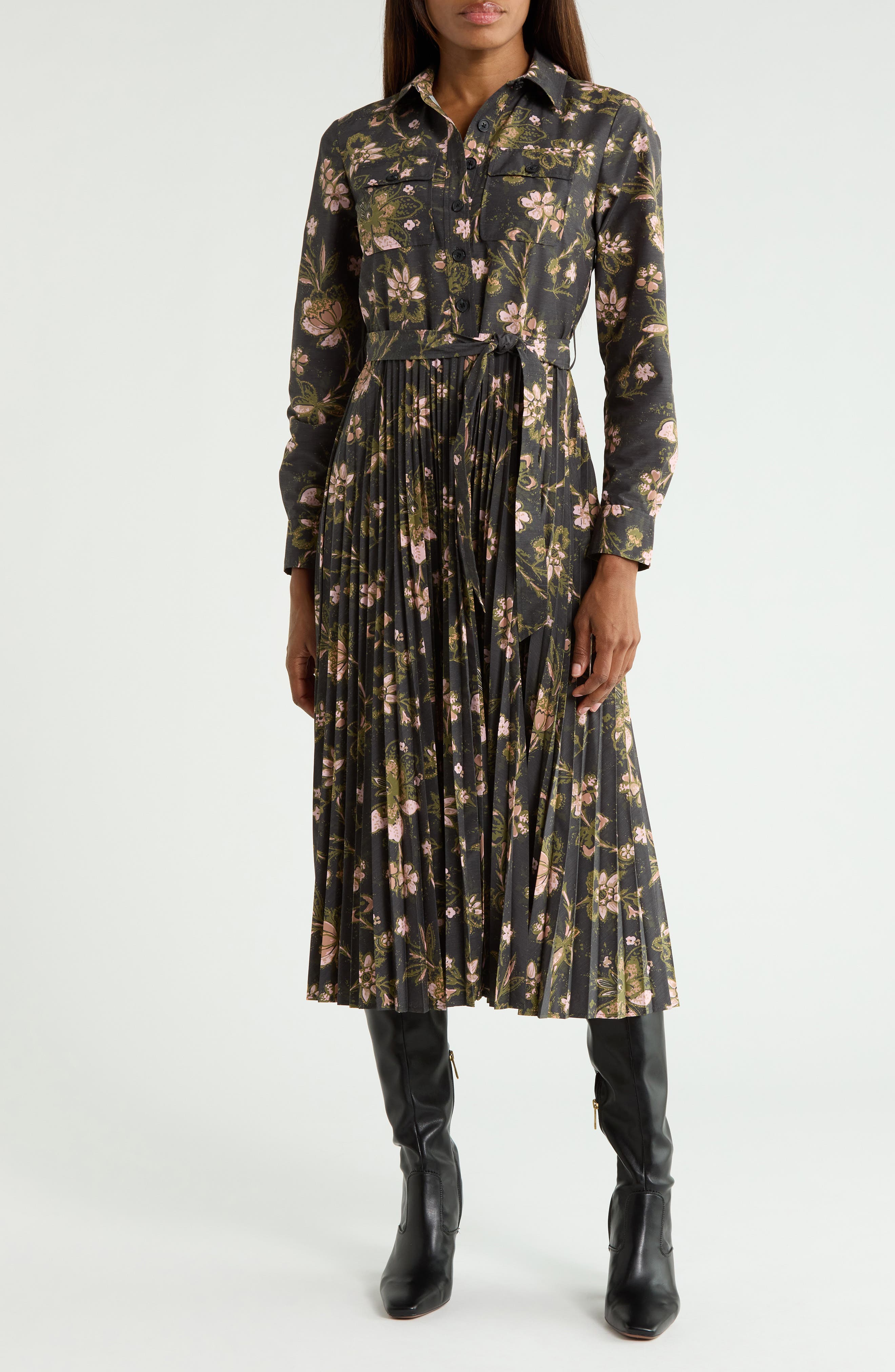 Kenza Pleated Long Sleeve Shirtdress