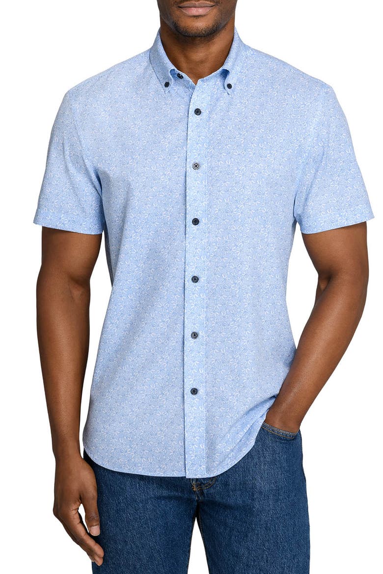 Slim Fit Sketched Floral Woven Short Sleeve Basic Shirt, Main, color, LT BLUE