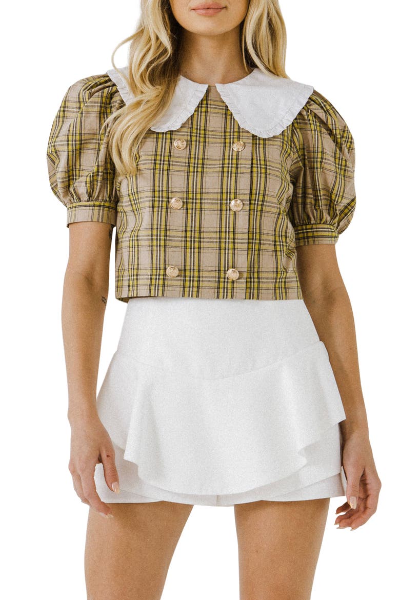Oversize Collar Check Cotton Top, Main, color, TAUPE
