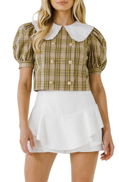 English Factory Oversize Collar Check Cotton Top in Taupe 