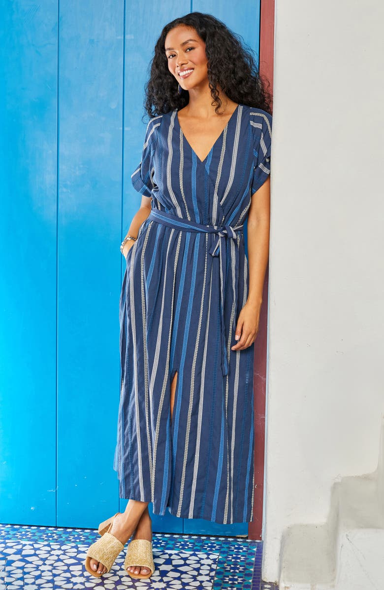 Karen Kane Mixed Embroidered Stripe Cotton Dress, Alternate, color, Blue Multi