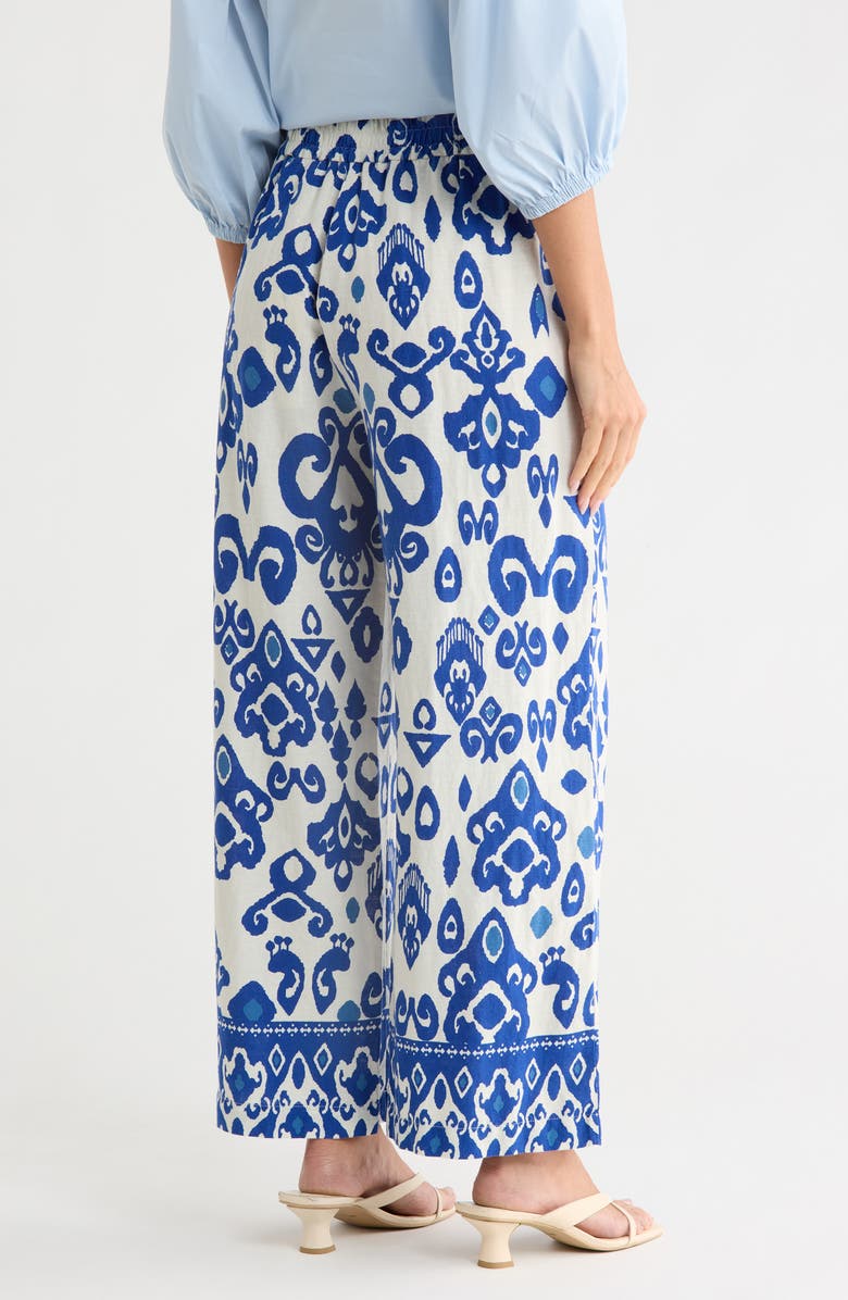 T Tahari Placed Print Linen Blend Pull-On Pants, Alternate, color, Ivory/ Blue Abstract