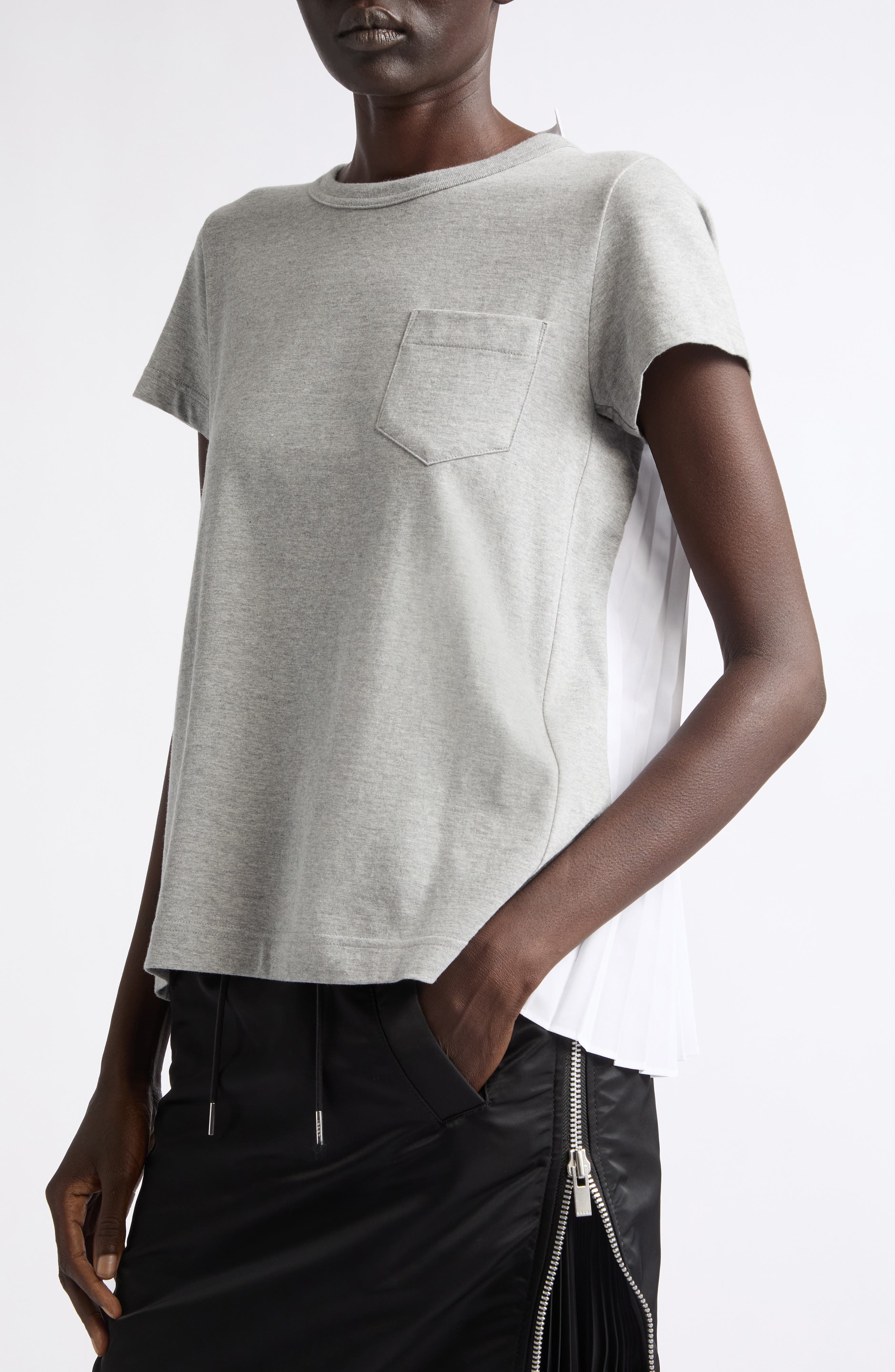Mixed Media Pleated Poplin & Jersey Pocket T-Shirt (Women) | Nordstrom
