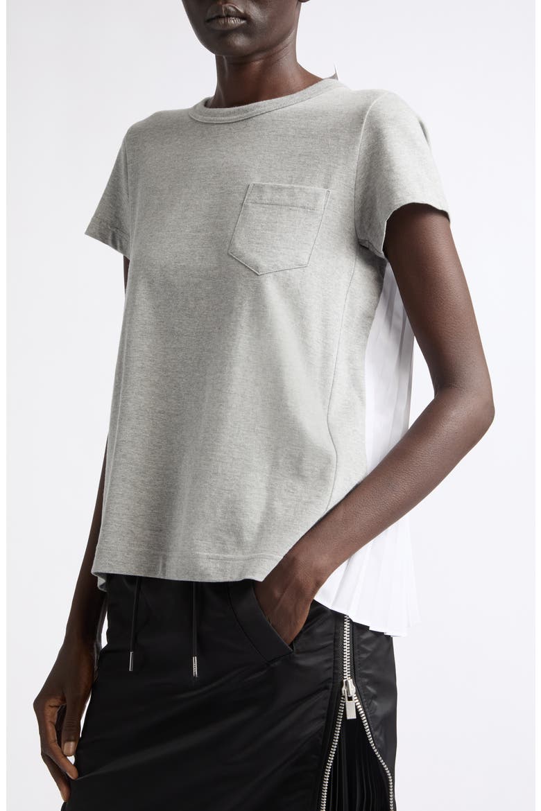Mixed Media Pleated Poplin & Jersey Pocket T-Shirt, Alternate, color, LIGHT GRAY/ WHITE