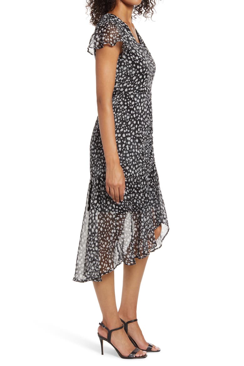Printed Ruched Midi Dress, Alternate, color, BLACK/ WHITE