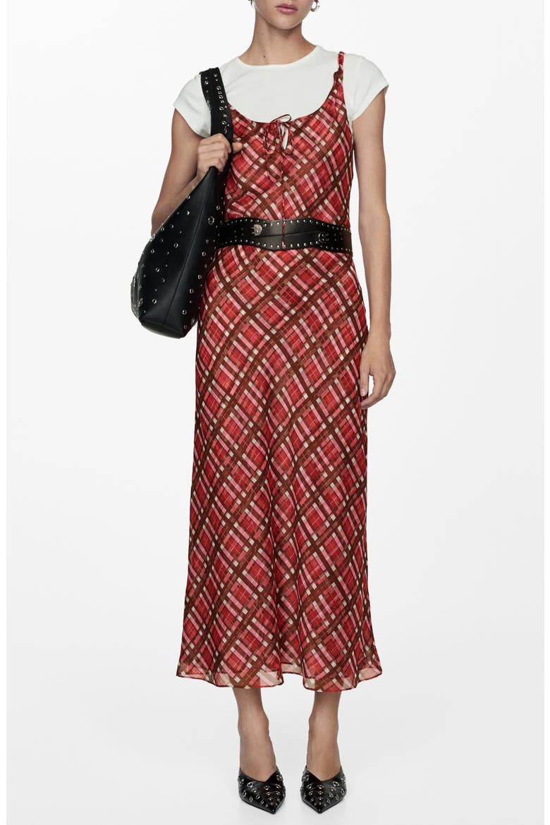 Check Tie Neck Midi Dress, Main, color, RED MULTI