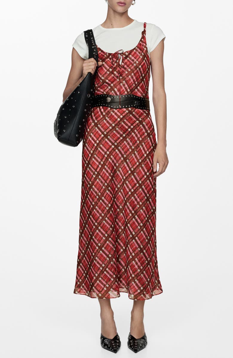 MANGO Check Tie Neck Midi Dress, Main, color,