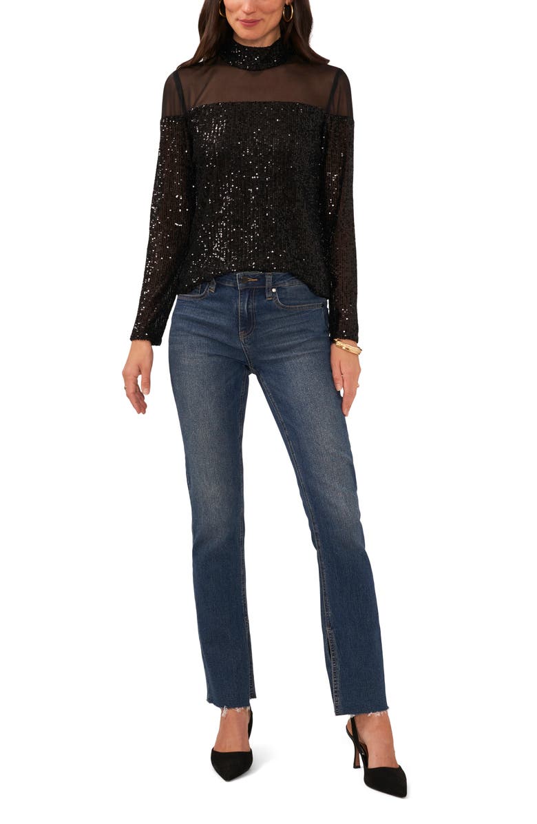 Vince Camuto Illusion Yoke Sequin Mock Neck Top, Alternate, color, Rich Black