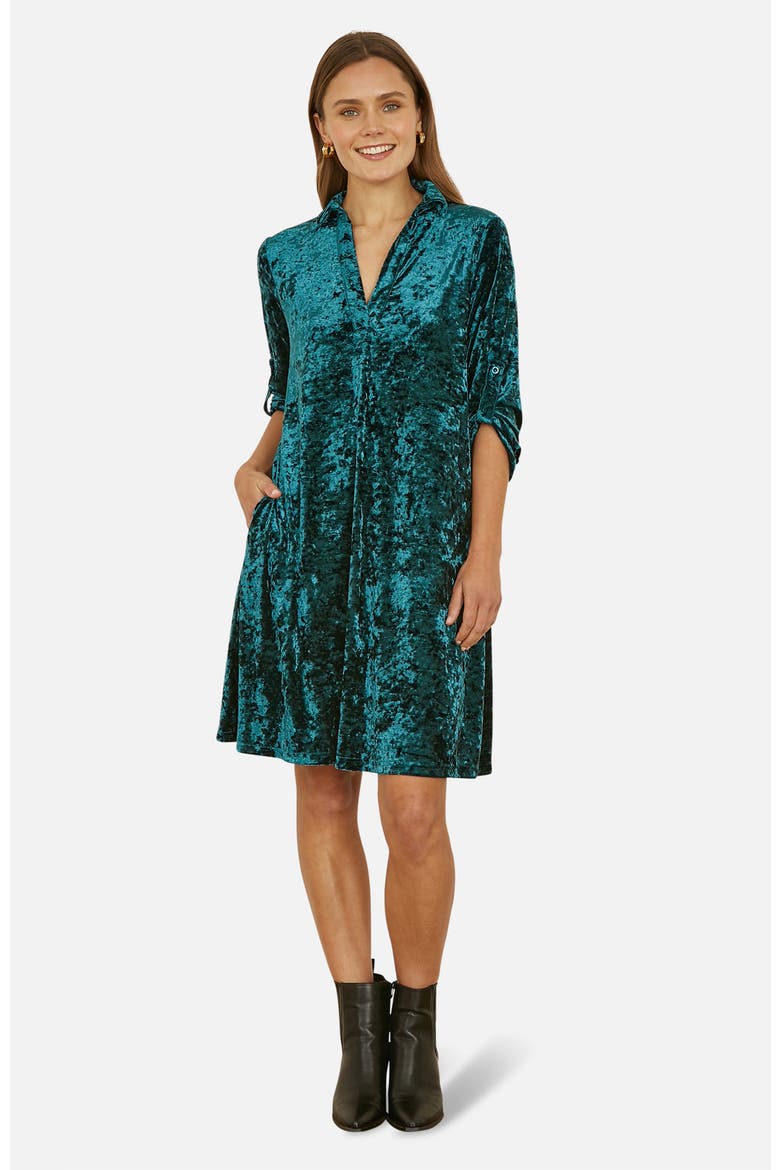 Velvet 3/4 Sleeve Collared Tunic Dress, Main, color, Green