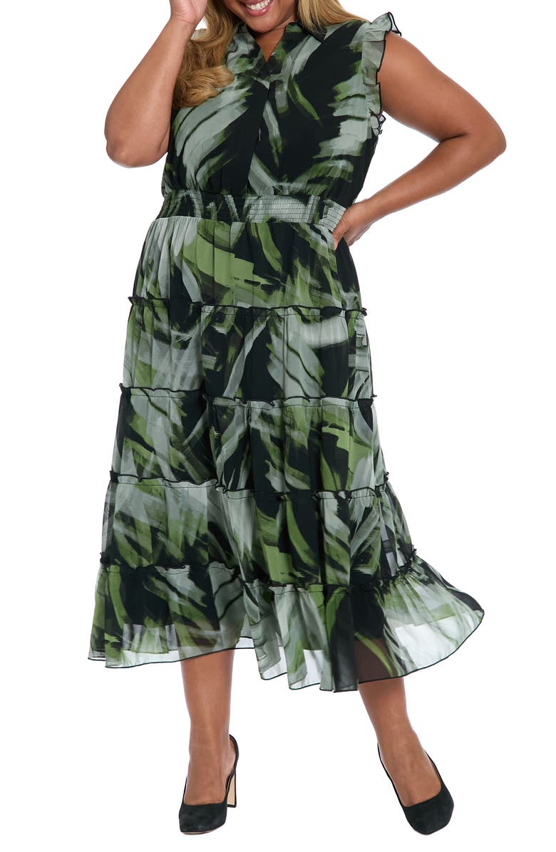 London Times Flutter Sleeve Tiered Maxi Dress, Main, color, Black/ O Green