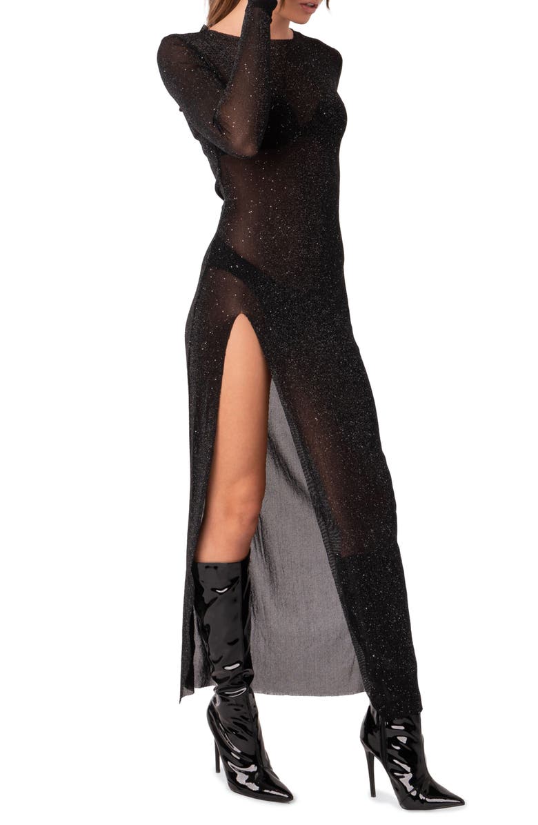 EDIKTED Glitter Mesh Slit Maxi Dress, Alternate, color, Black