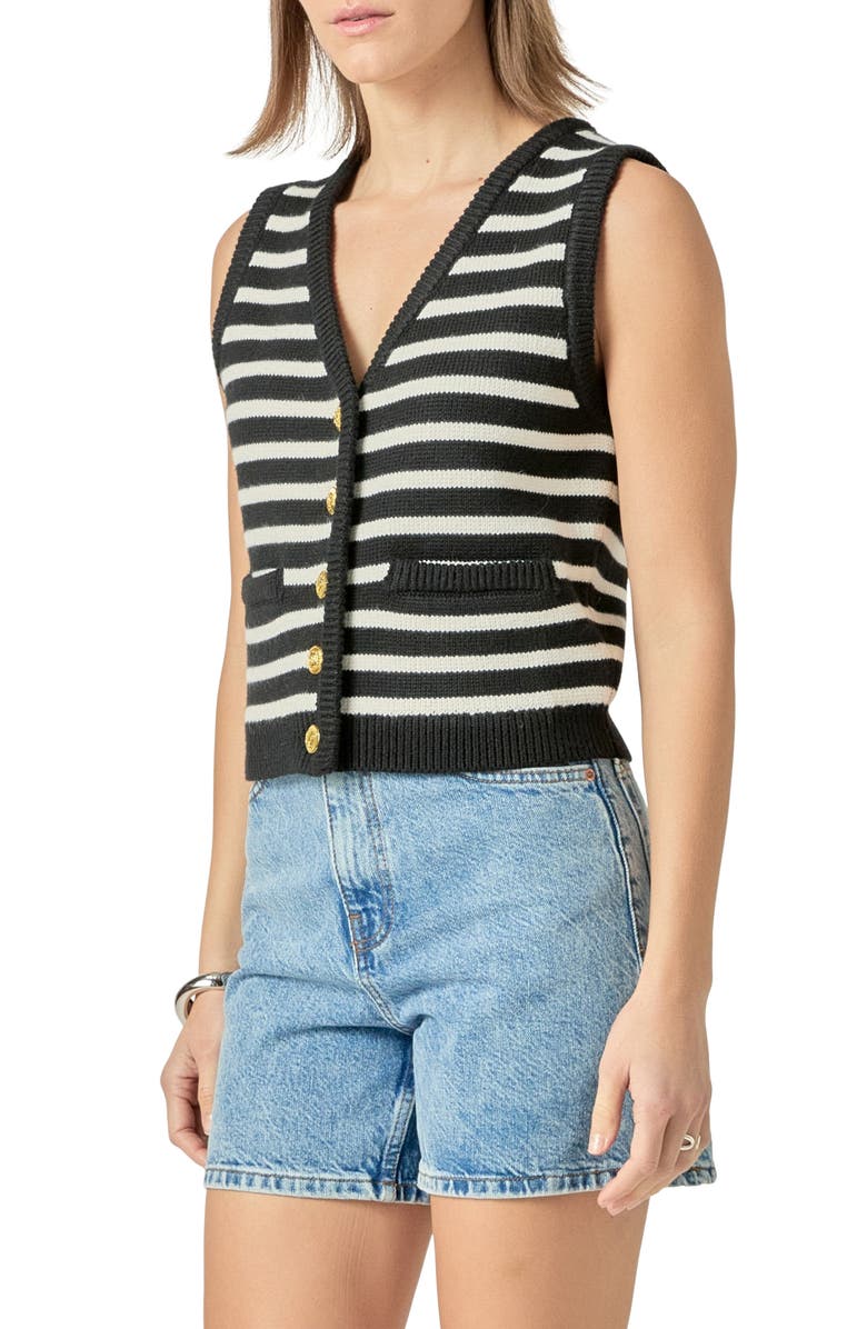 English Factory Stripe Sweater Vest, Alternate, color, Black/ Ivory
