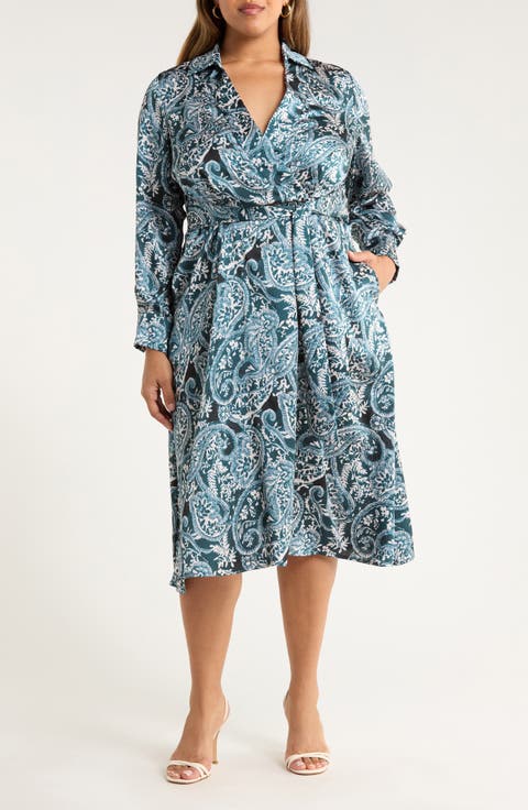 Tie Belt Matte Satin Shirtdress (Plus)