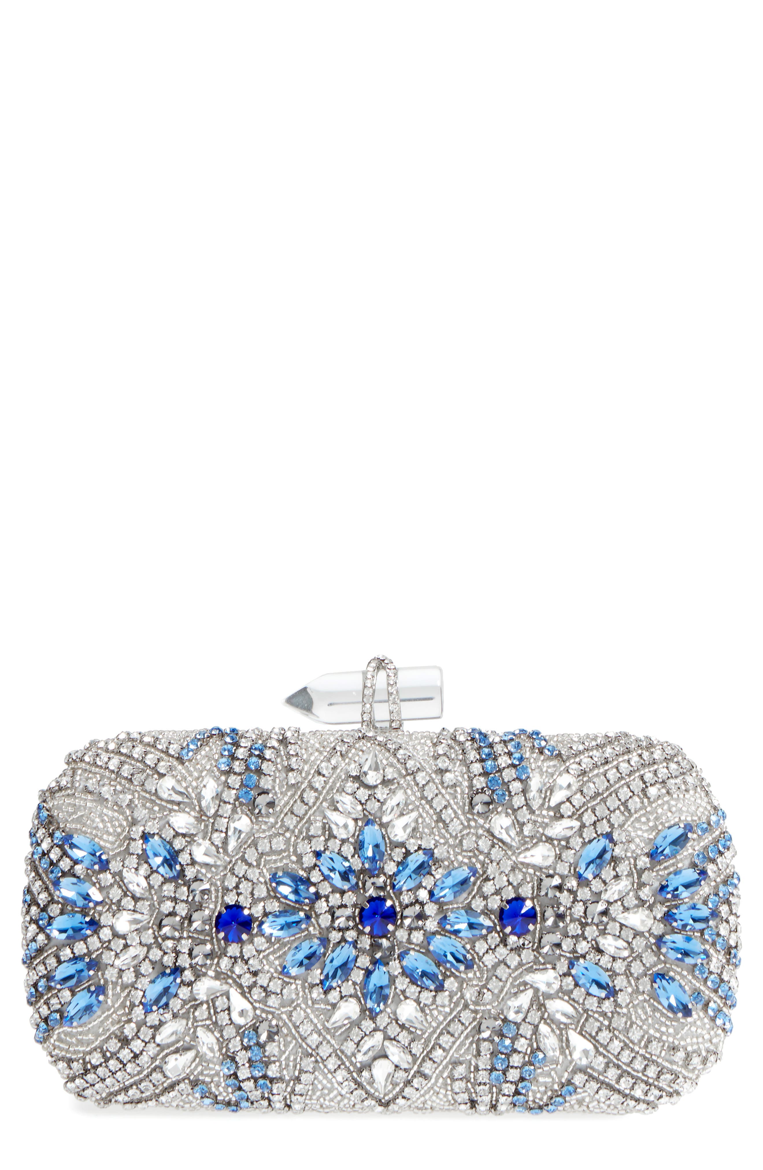 Nina Gelsey Crystal Embellished Minaudière, Main, color, Silver Multi