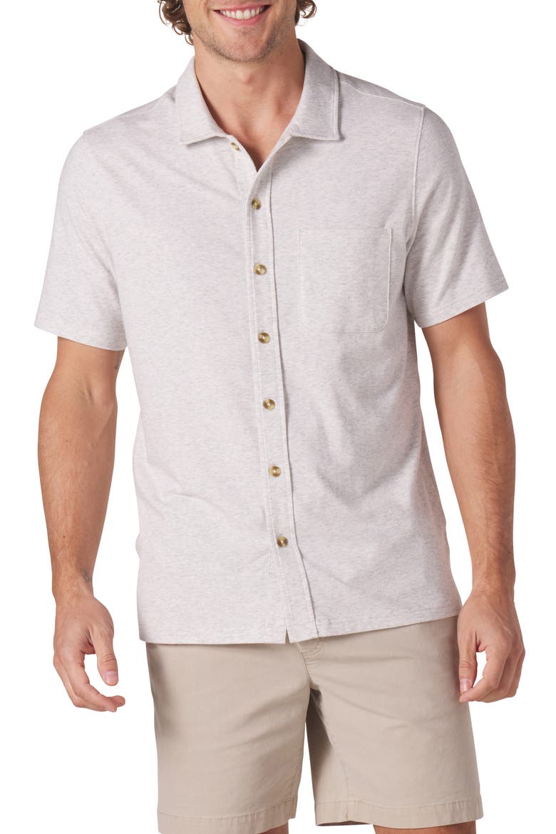 Puremeso Solid Short Sleeve Knit Button-Up Shirt, Main, color, STONE