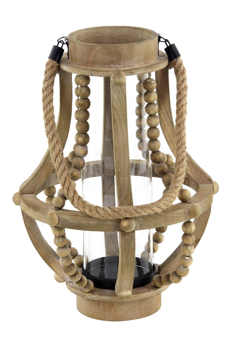 Beige Reclaimed Wood Beaded Pillar Candle Lantern, Alternate, color, BEIGE